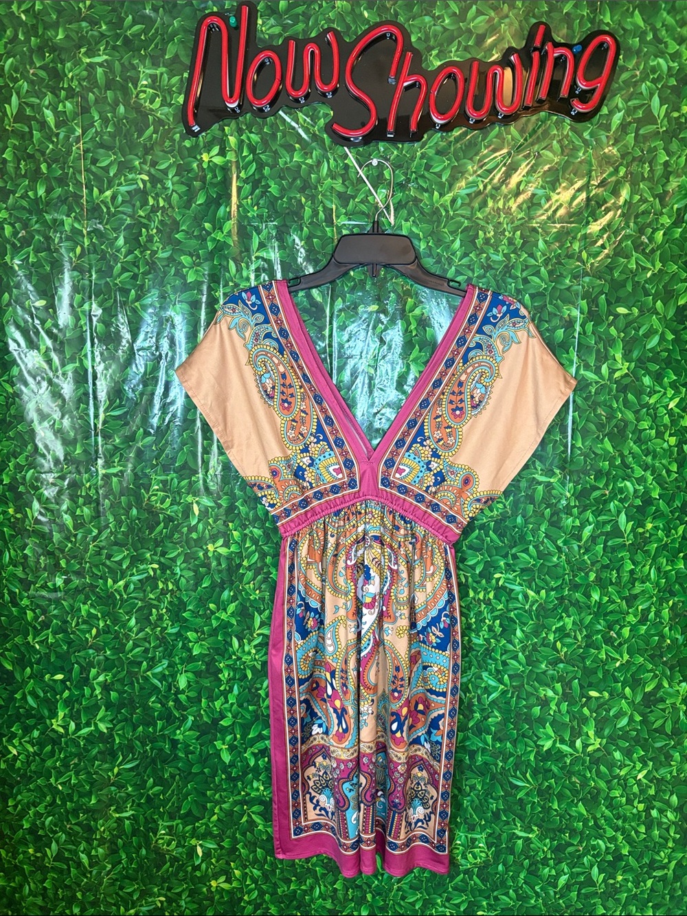 Forever 21 Beige and Pink Paisley V-Neck Midi Dress